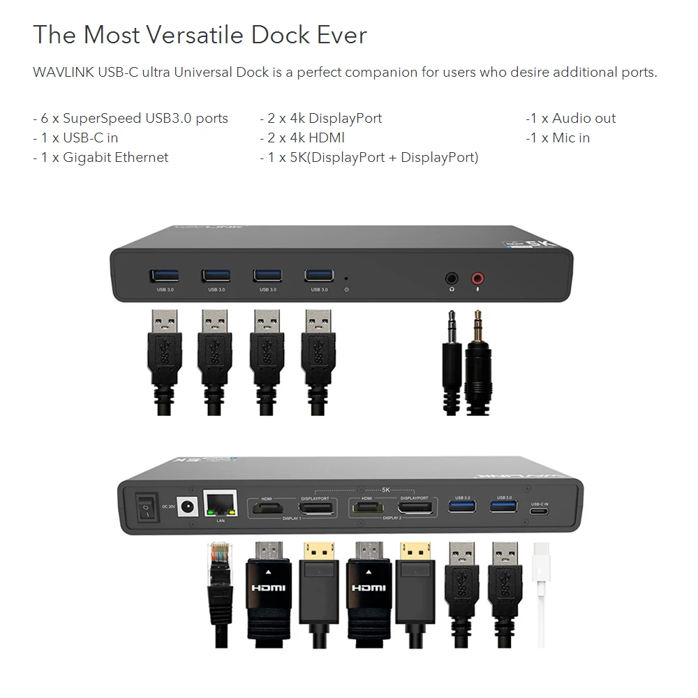WAVLINK UNIVERSAL ULTRA 5K DOCKING STATION USB-C DUAL DISPLAY USB3.0 VIDEO AUDIO OUTPUT SUPPORT HDMI/DISPLAYPORT GIGABIT FOR MAC