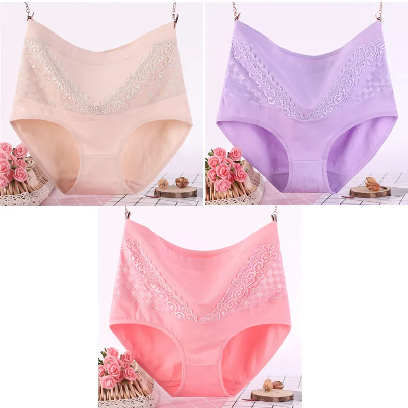 pink purple skin ALICENO, 3 шт./лот, L-4XL, 60-115 кг, сексуальные кружевные женские хлопковые трусы с высокой талией, трусы-плавки из дышащей ткани, нижнее белье 910 - Color: pink purple skin