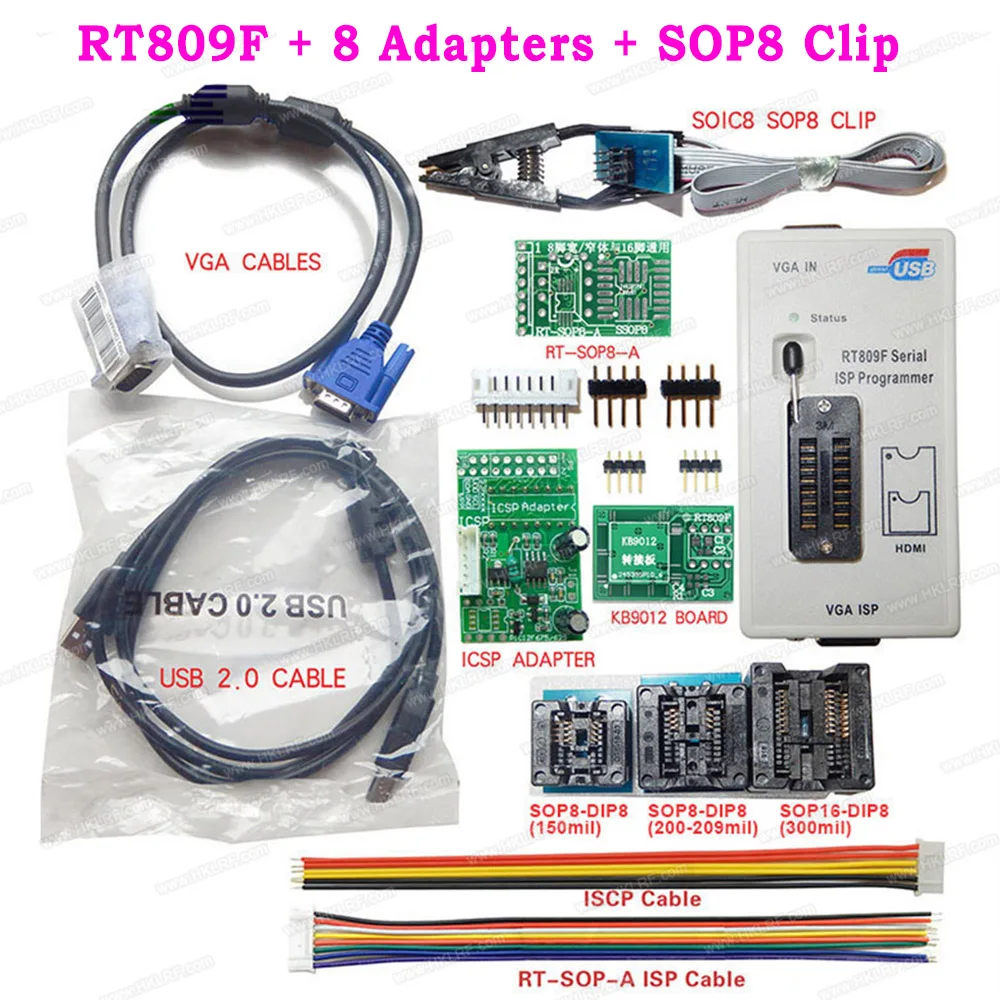 Оригинальный RT809F EPROM универсальный программатор + 8 адаптеров SOP8 зажим VGA LCD ISP EMMC