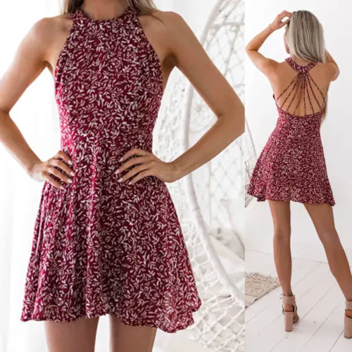 

Hot Sexy Dress Womens Sexy Backless Sleeveless Hang Neck Floral Printed Mini Dress Summer Slim Lace Up Pleated Dress Sundress