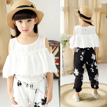 

Summer 2017 Kids Fashion Girls Clothing Sets 2 pcs White Lace Blouse Top & Black Flowers Pants Set for Teenage Girls Clothes Set