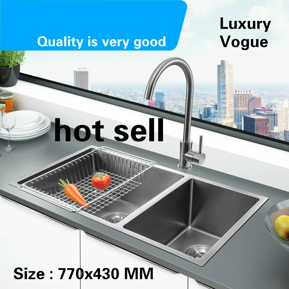 

Free shipping Fashion standard individuality manual sink double groove food grade 304 stainless steel hot sell 770x430 MM
