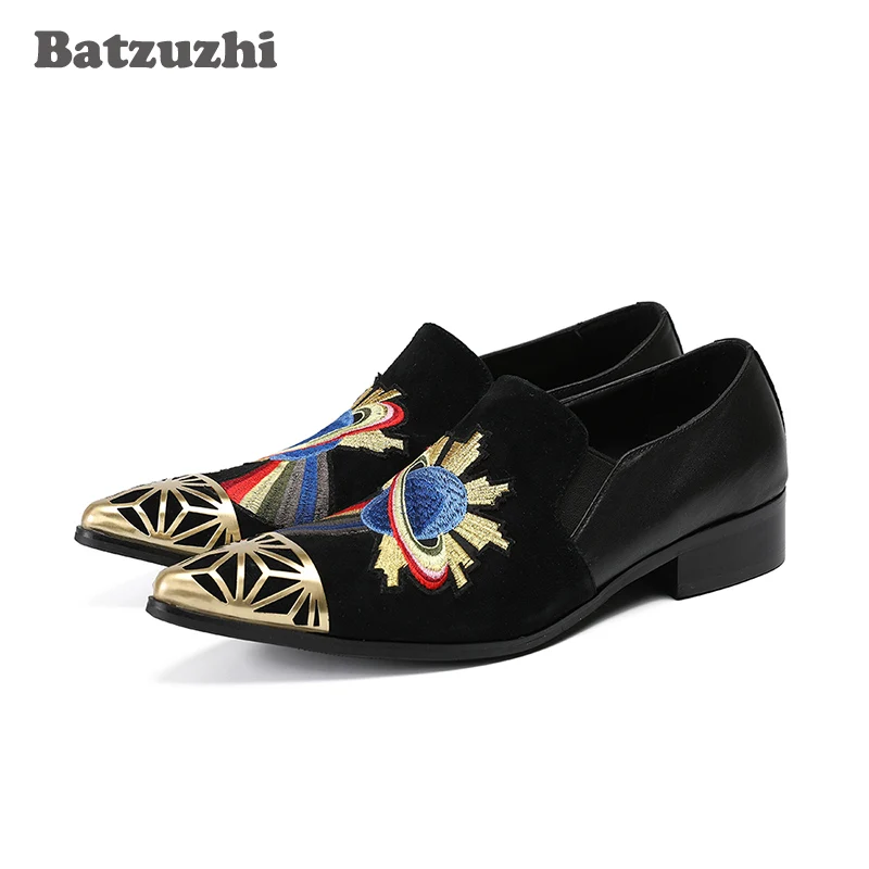 

Batzuzhi Italy Model Men Shoes Gold Metal Toe Print Black Suede Dress Shoes Men Fashion Party and Business Shoes Zapatos Hombre