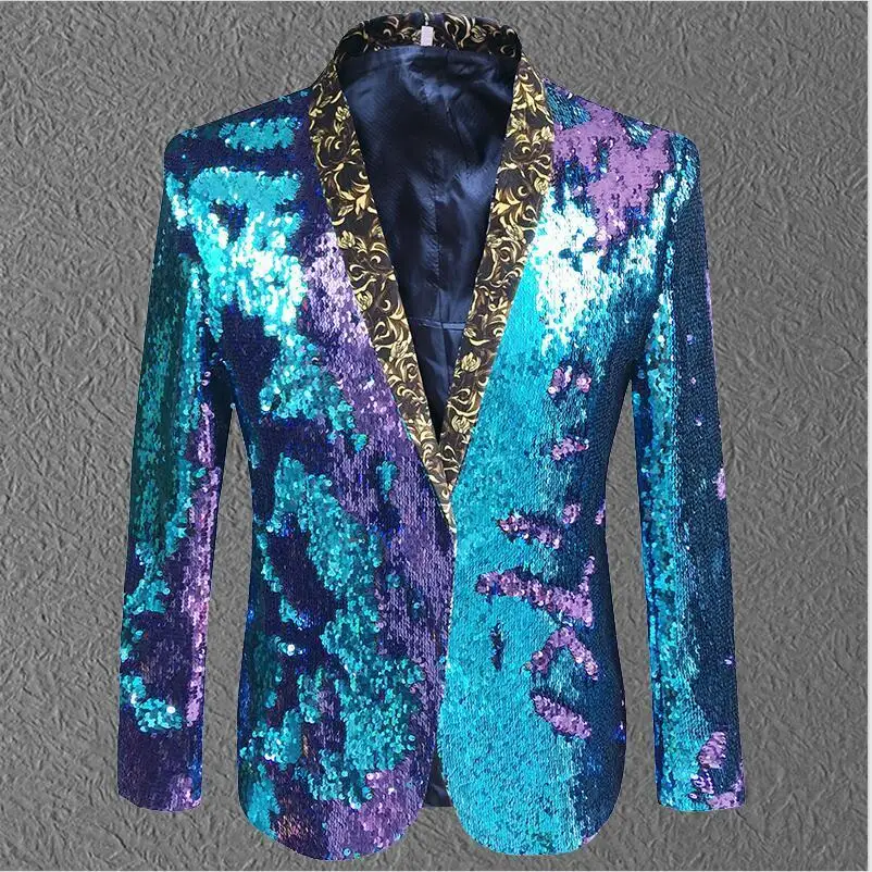 PYJTRL прилив Для мужчин двойной-Цвет блестки пальто; костюм; куртка в стиле «панк» для ночного клуба, бара, DJ модный кожаный чехол с откидной крышкой и блейзер с блестками сценический для певца, костюмы - Цвет: blue purple