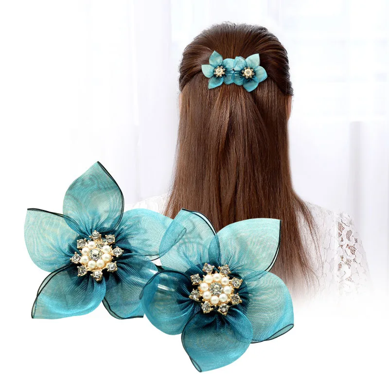 

Sweet New Crystal Rhinestone Blue Floral Fabric Clips Hairpin Korean Pearl Head Flower for Women Girls Jewelry Hair Accessories