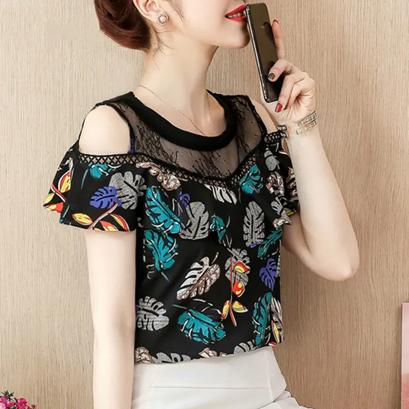 Camisa Das Mulheres Elegantes Babados Шифоновые Топы Novo Patchwork de с коротким рукавом Impresso Malha blusa Renda |