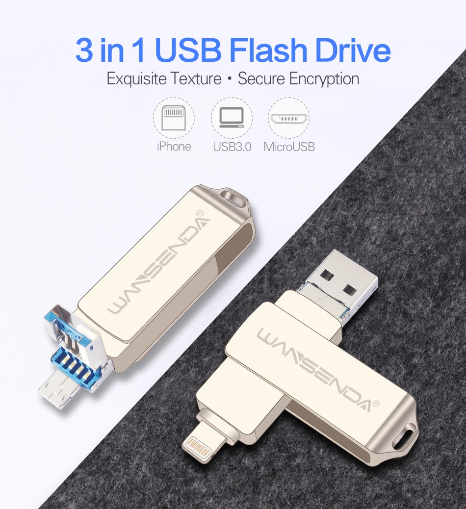 WANSENDA металлический USB флеш-накопитель 128 Гб OTG флеш-накопитель 32 Гб 64 Гб USB 3,0 флэш-диск для iPhone 11 Pro/XR/XS Max USB карта памяти