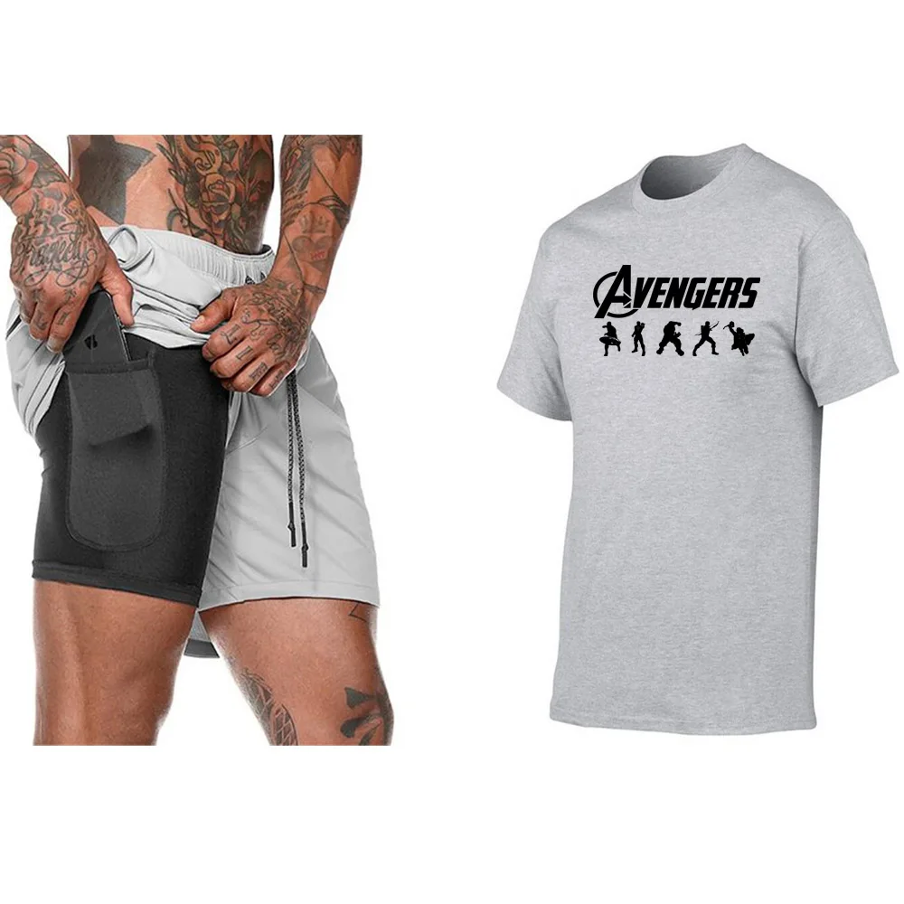 

2019 New 2 in 1 Running Shorts Security Pockets Leisure Shorts Built-in Pockets Quick Drying Sport Shorts+Causal Men T shirt