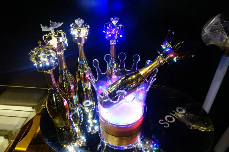 15%, Корона светодиодный Золотой Корона Чехлы для бутилок вина сверкающие шампанского Декор лампы Крышка барная Бутылка пробка ведро льда вечерние/свадебные