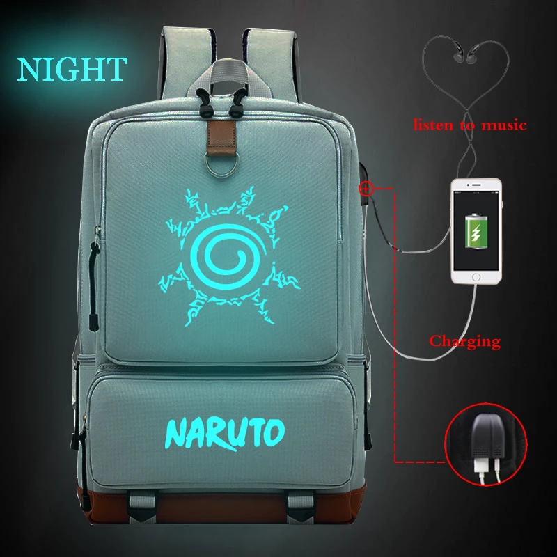 

NARUTO Backpacks Anime Luminous Laptop Bag USB Charging Backpack Unisex School Bags Sac A Dos Travel Bagpack for College Bookbag