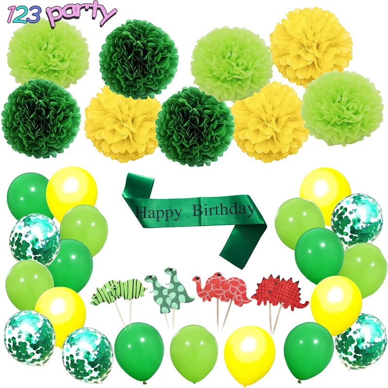 

Dinosaur party decoration dinosaur birthday pull flag shoulder strap cake flag paper flower ball confetti balloons baby shower