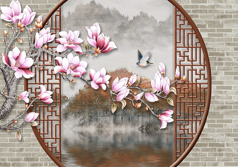 Custom 3d wallpaper Chinese classical flower window landscape background wall - silk waterproof material Custom 3d wallpaper Chinese classical flower window landscape background wall - silk waterproof material