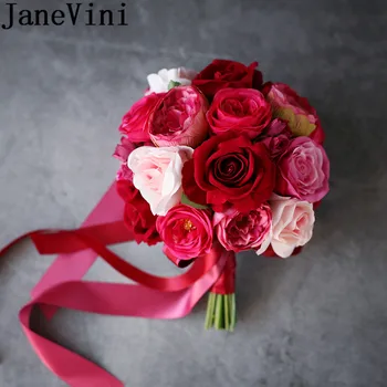 

JaneVini Red Pink Wedding Bouquets for Bridesmaids Artificial Peony Rose Bridal Bouquet Pivoine Fuchsia Holder Wedding Flower