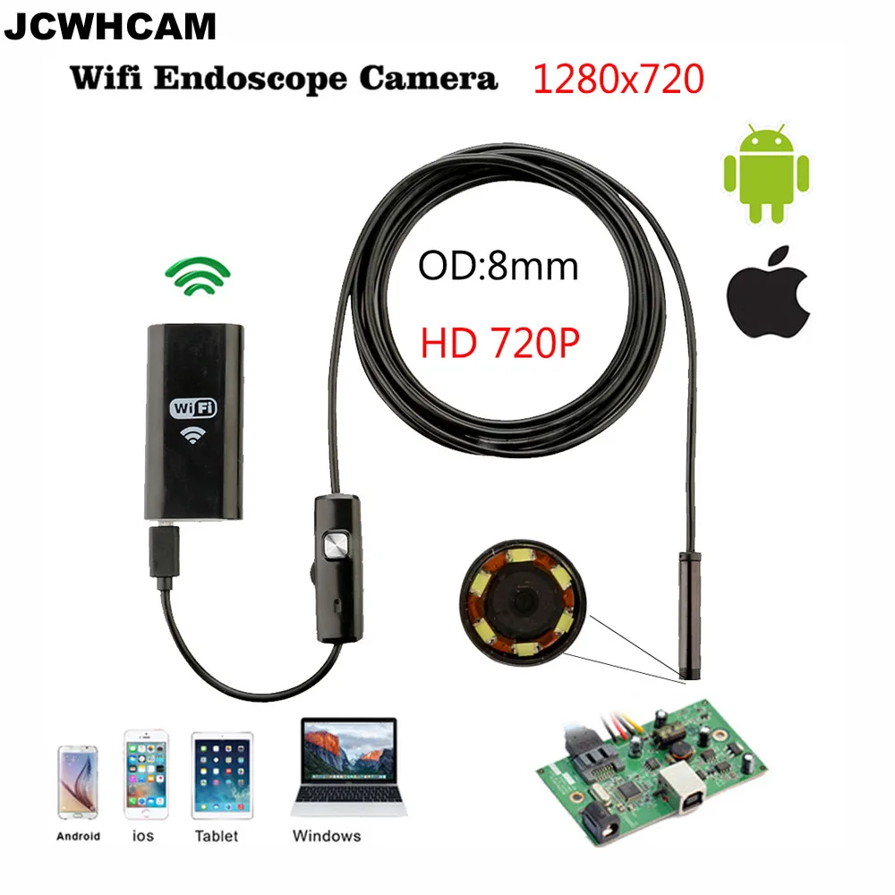 JCWHCAM 8 мм объектив 6 светодиодный HD 720 P 1 м Wi-Fi эндоскоп IP67 Водонепроницаемый инспекции Камера для Ios и android-смартфон PC