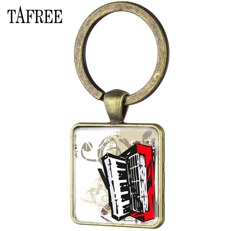 

TAFREE Music Note Square Keychain Glass Cabochon Accordion Musical Key Ring Custom Photo Dancer Key Chain Jewelry KeyHolder AC03