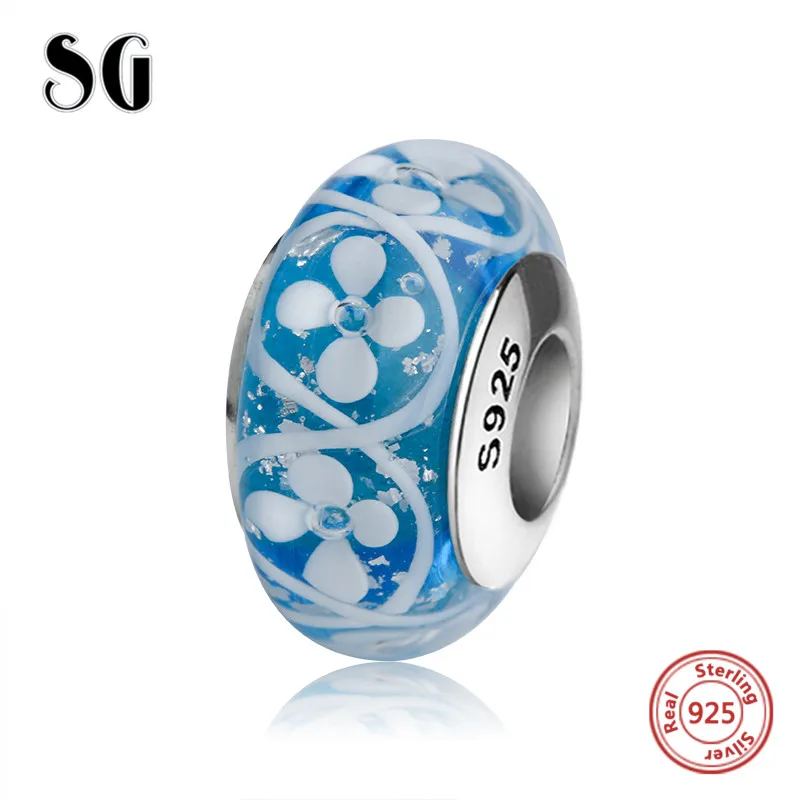 

SG sterling silver 925 blue Murano glass beads diy charms with flower petal fit authentic European bracelets jewelry women gifts