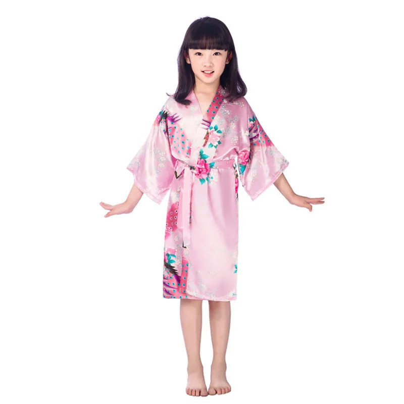 Satin Floral Long Robes Children Bath Robe Sleepwear Bridesmaid/Bride Satin Robes Girls Silk