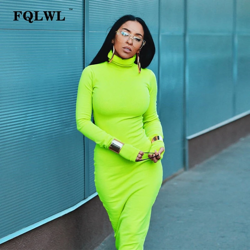 

FQLWL Sexy Bodycon Maxi Dress Women Neon Turtleneck Long Sleeve Green Long Party Dress Female Spring Casual Wrap Ladies Dresses