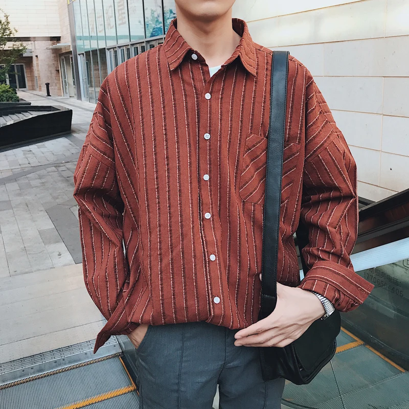 

2019 Spring Korean Men Fashion Casual Loose Vertical Stripe Cotton Male Clothes Turn-down Collar Long Sleeve Shirt Homme M-2XL