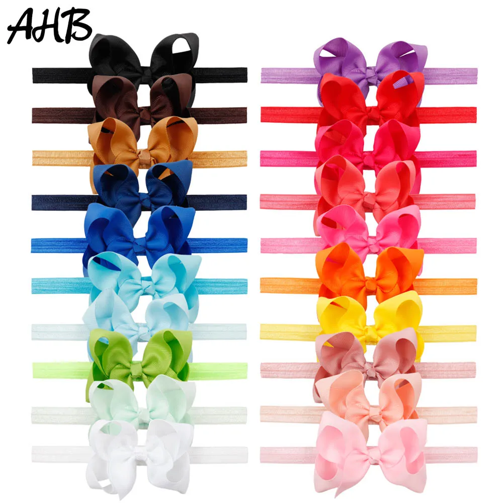 

AHB 20pcs/lot Nylon Headband for Baby Girls Handmade 4.5'' Grosgrain Ribbons Bowknot Cute Kids Headwrap Party Hair Accessories