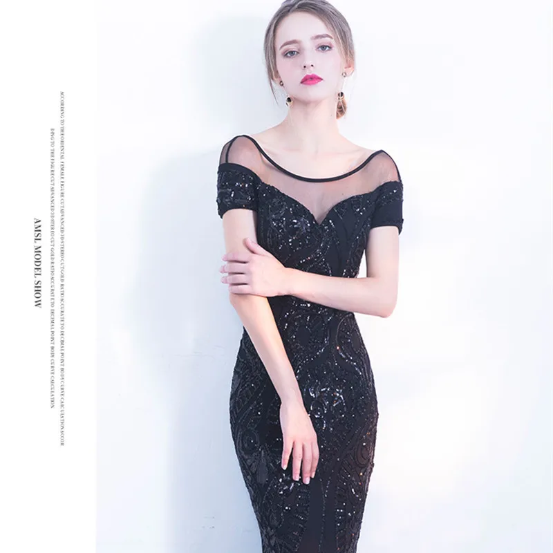 

2019 New long Sequins Evening Party Dress Round Neck Appliques Deep V Backless Mermaid Gowns Short sleeve Sexy Formal Dress