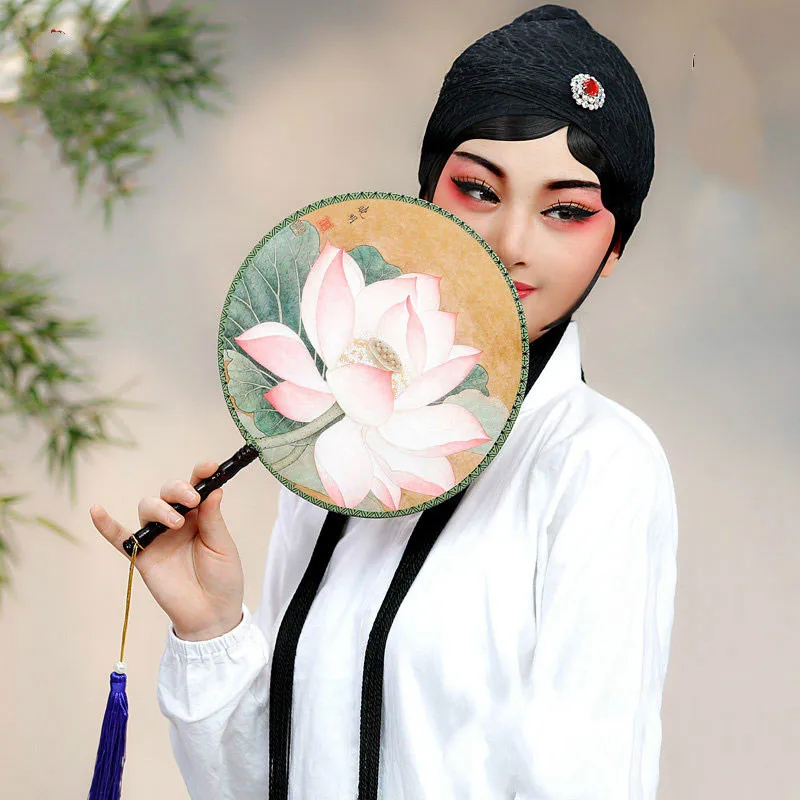 

Hot 1PCS 24CM Court round fan circular mandarin fan ancient wind Christmas Party Wedding gift fans Handmade Decoration supplies