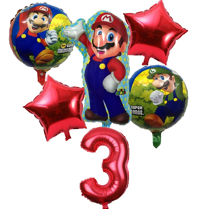 6pcs Super Mario Balloons 32 inch Number Balloons Boy Girl Birthday Party Mario Luigi Bros Mylar Blue Red Balloon Set Decor - Цвет: red 3