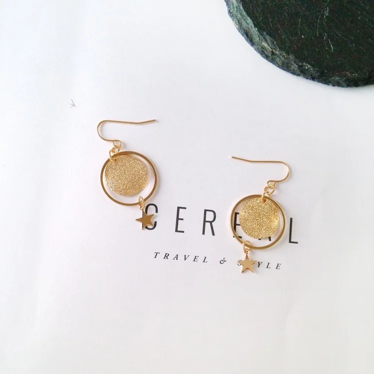 

Fashion Polished Gold Color Round Pendant Beautiful Star Hoop Earrings Girls Cute Circle Loop Earrings
