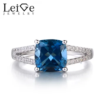 

Leige Jewelry London Blue Topaz 925 Solid Silver Ring November Birthstone Gemstone Cushion Cut Promise Rings for Women