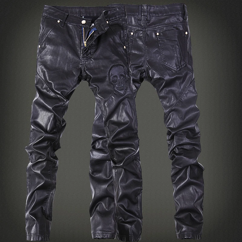 Fashion Brand Embroidered Leather Pants Men's Trousers DJ Club Leather Pants Jogging Cycling Locomotive Men Zipper Leather Pants Fashion Brand Embroidered Leather Pants Men's Trousers DJ Club Leather Pants Jogging Cycling Locomotive Men Zipper Leather Pants