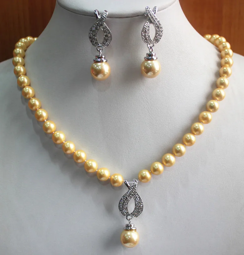 

wedding jewelry set 8mm pure yellow shell pearl necklace match 14mm pink pearl earrings jewelry set for gift 5.31