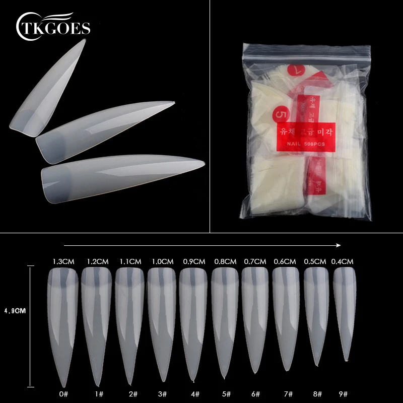 TKGOES 500 шт прозрачный дизайн ногтей/натуральный/белый половина крышки Длинные острые ногти-стилеты искусственные ногти Советы Маникюр накладные ногти салон