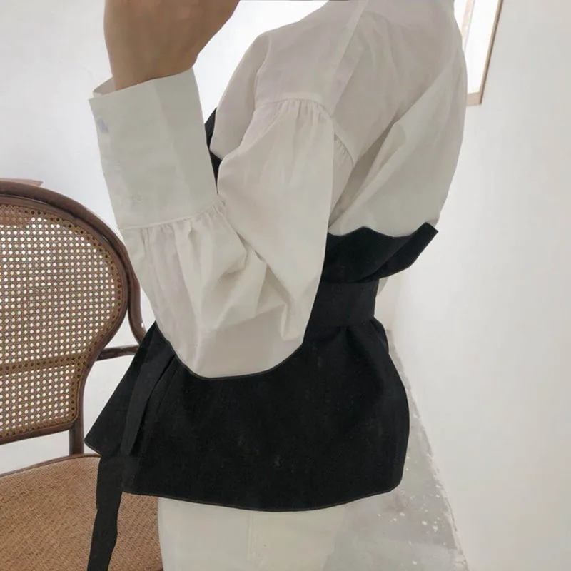 TWOTWINSTYLE Лоскутные Топы женские Высокая талия на шнуровке фонарь с длинным рукавом поддельные комплект из двух предметов Женская рубашка блузка корейская мода