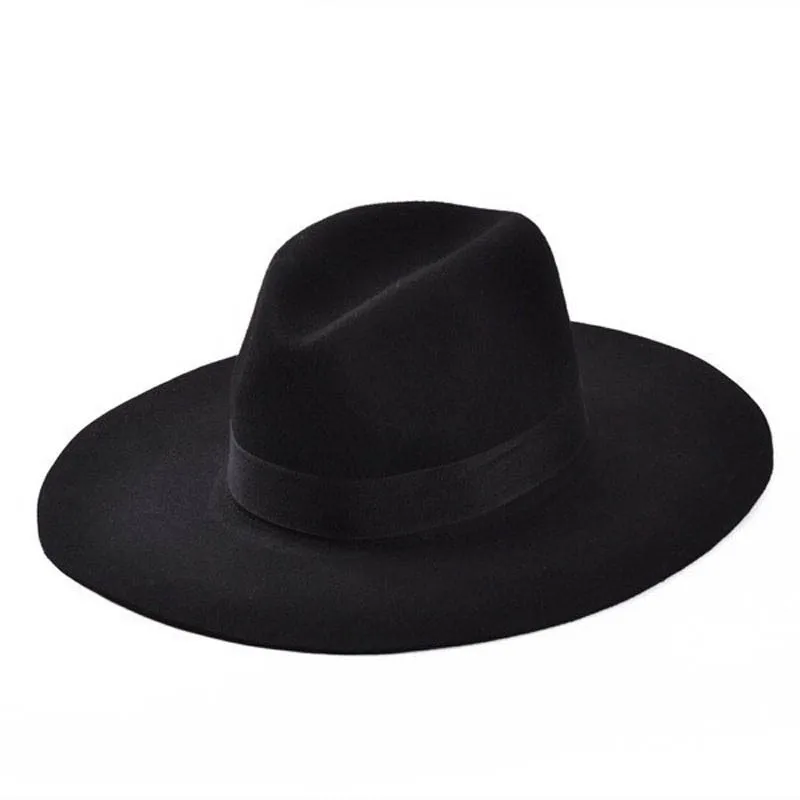 

Classic 100% Wool Fedora Hat large Brim Ribbon Hats for women Men Floppy Top Hat