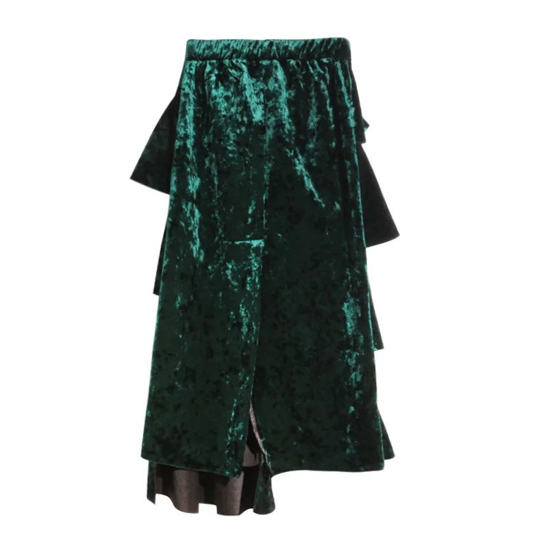 ASYMSAY Europe Lotus Leaf Asymmetry Shiny Fabric Velvet Skirt For Women Back Split Elastic High Waist Skirts Female AC2122