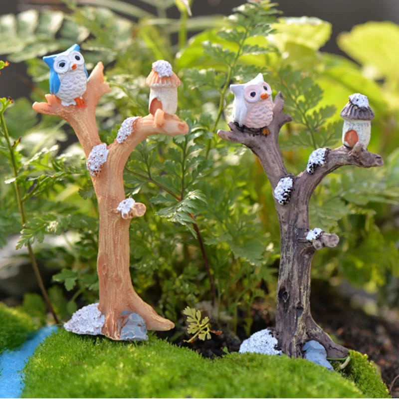 Artificial Owl With Tree Figurines Miniatures Birds Ornament Fairy Garden Gnome Statue Resin Crafts Landscape Home Decorations7