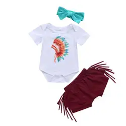 Младенческой новорожденных девочек перо одежда костюмы 3 шт новорожденных ползунки шорты с кисточками повязка на голову, комплект одежды