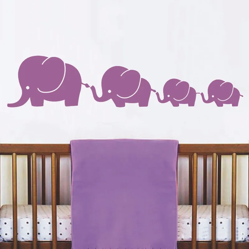 4 Elephant Famil With Twins Baby Elephants Nursery Vinyl Wall Art For