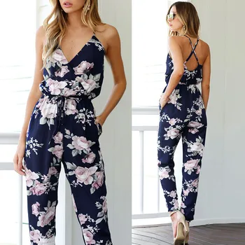 

Women Printed Party Trousers pants Backless Sleeveless V-Neck Floral pants