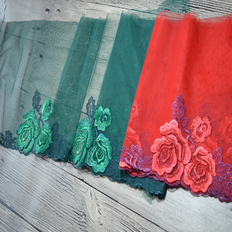 

Free shipping 18CM(2yds/lot)red~green gauze beautiful flower embroidery Hight quality lace fabric embroidered lace trim1761803