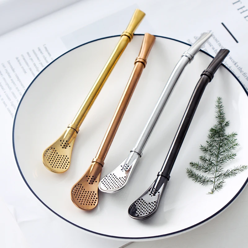 304 Stainless Steel Creative Spoon Drinking Straws Bent Filter Straw Drink Mate Tea Bar Coffee Spoons Luxury Cultery Accessories