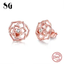 SG 925 sterling silver rose flower stud earrings with white Zircon Hollow earring for women wedding party fashion Jewelry gift
