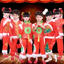 Детские новогодние костюмы Yangko; костюмы для выступлений; детская Одежда для танцев в китайском стиле с красными фонариками