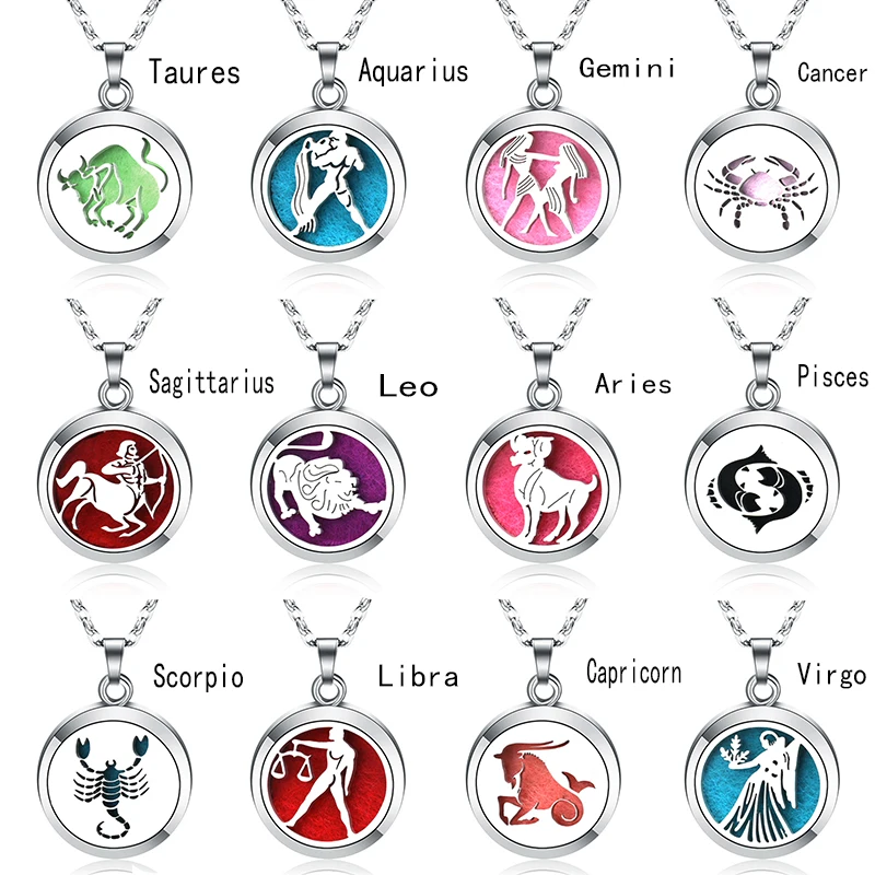 

12 Constellations Styles Magnetic Aromatherapy Necklace Jewelry Perfume Pendant Stainless Steel Essential Oil Diffuser Lockets
