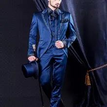 Новое поступление синий Вышивка Для мужчин Ужин Выходные туфли на выпускной бал Костюмы жениха Смокинги для женихов Для мужчин свадебные Блейзер Костюмы(куртка+ Брюки для девочек+ жилет