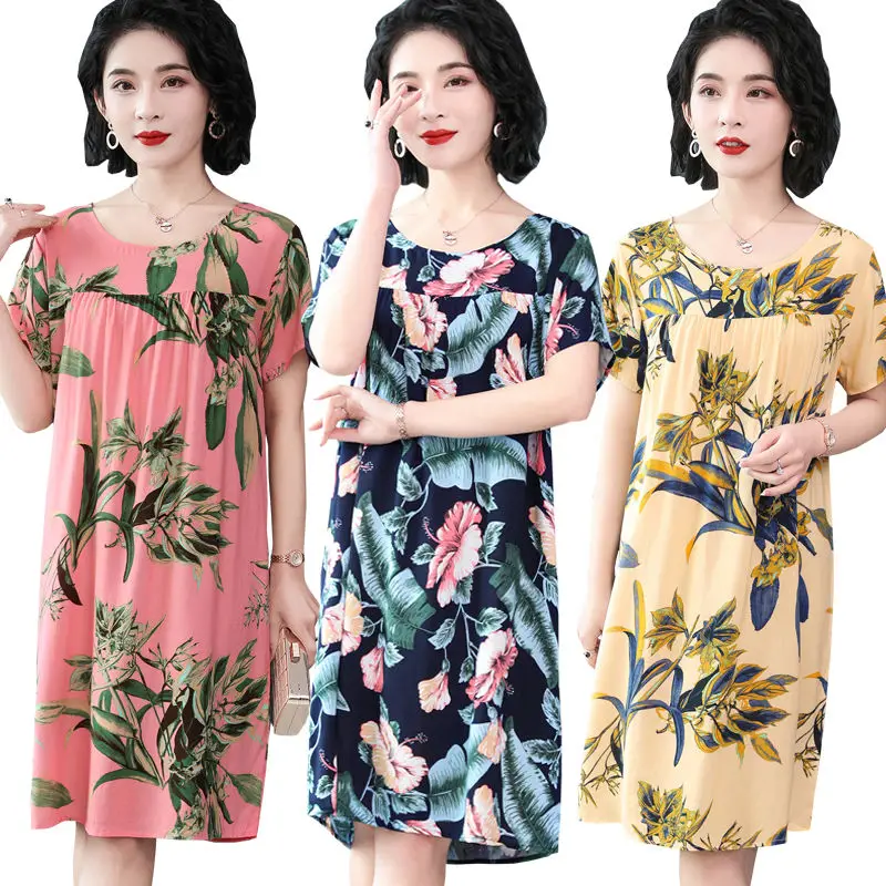 

Nightdress Women Summer Mom Thin Cotton Pyjama Loose Size Home Sleepwear Sexy Print Short Sleeve Round Collar Homewear