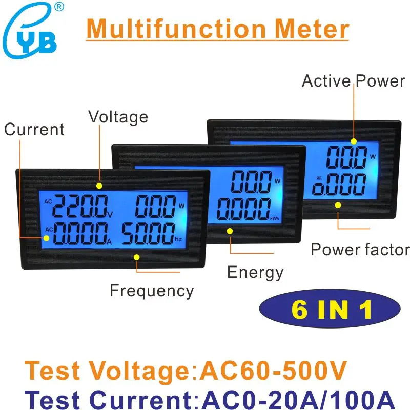 Переменный ток 20А 100А вольт ампер Панель метр ЖК-цифровой вольтметр Амперметр Напряжение переменного тока измеритель тока Частота энергии переменного тока 60-500 В 220 В 380 В
