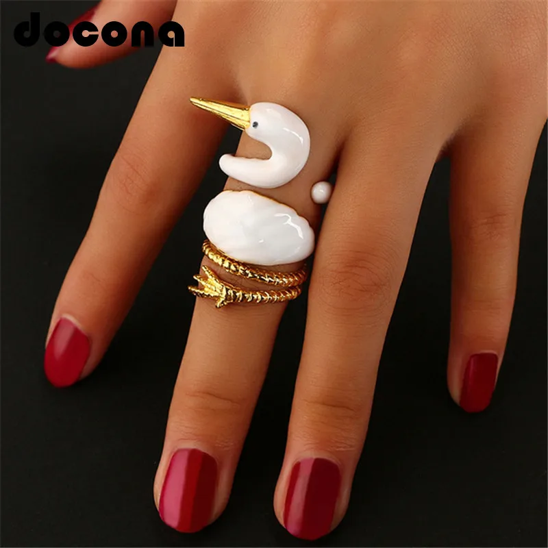 

Docona New Design White Swan Animal Ring Sets Opening Unique Gold Color Knuckle Joint Ring for Women Statement Jewelry 5196