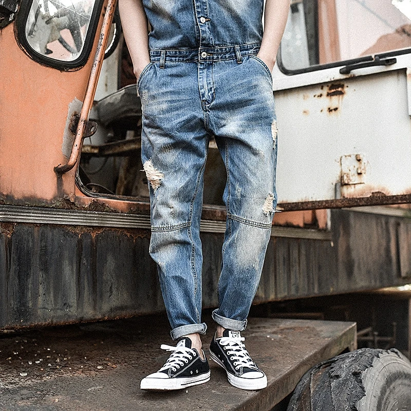 Японский стиль винтажные комбинезоны мужской комбинезон модные потертые обтягивающие джинсы длиной до щиколотки брюки подростковые джинсовые комбинезоны для ковбоя синий