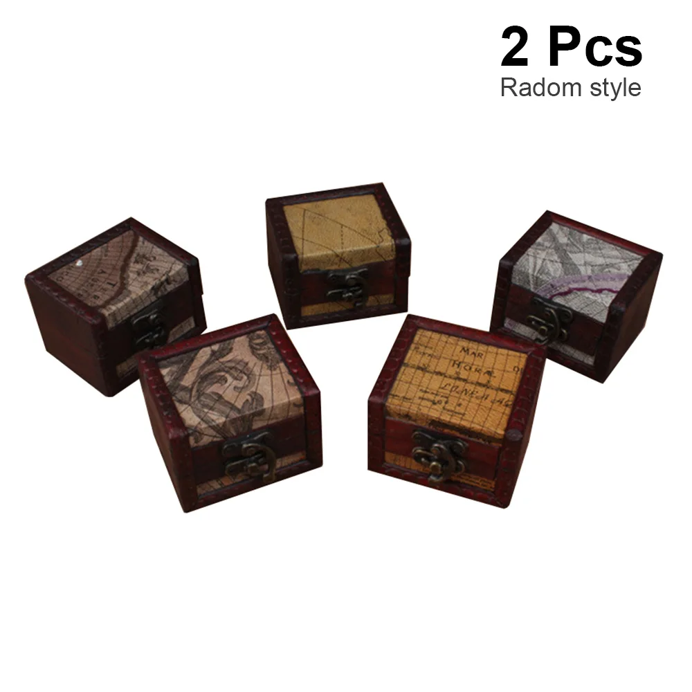 2pcs Retro Small Wood Storage Box With Metal Lock Jewelry Treasure Pearl Decorative Trinket Wooden Case Vintage Organizer